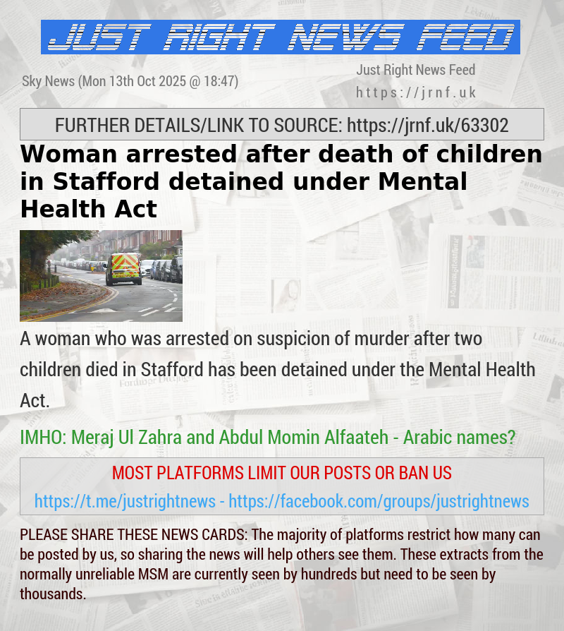 Woman arrested after death of children in Stafford detained under Mental Health Act