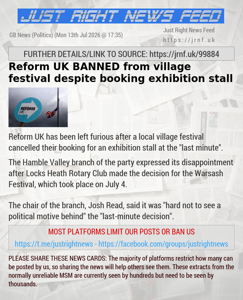 Reform UK BANNED from village festival despite booking exhibition stall