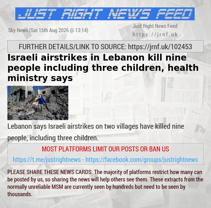Israeli airstrikes in Lebanon kill nine people including three children, health ministry says