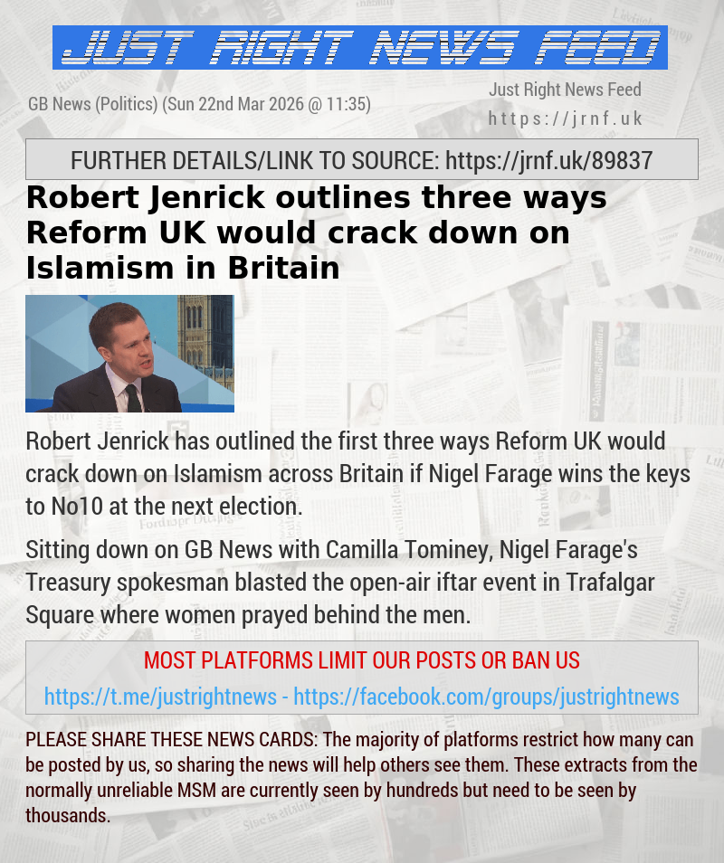 Robert Jenrick outlines three ways Reform UK would crack down on Islamism in Britain