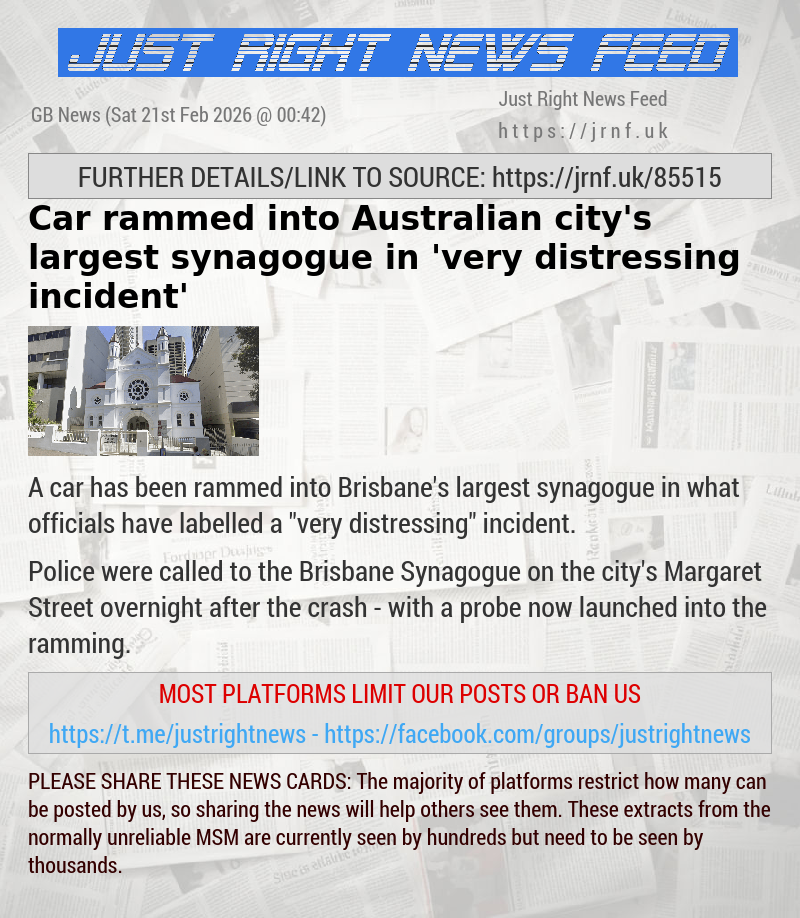 Car rammed into Australian city’s largest synagogue in ’very distressing incident’