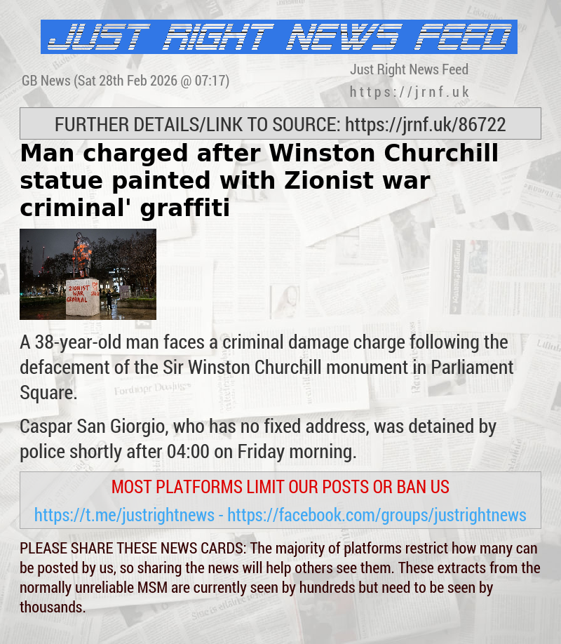 Man charged after Winston Churchill statue painted with ‘Zionist war criminal’ graffiti