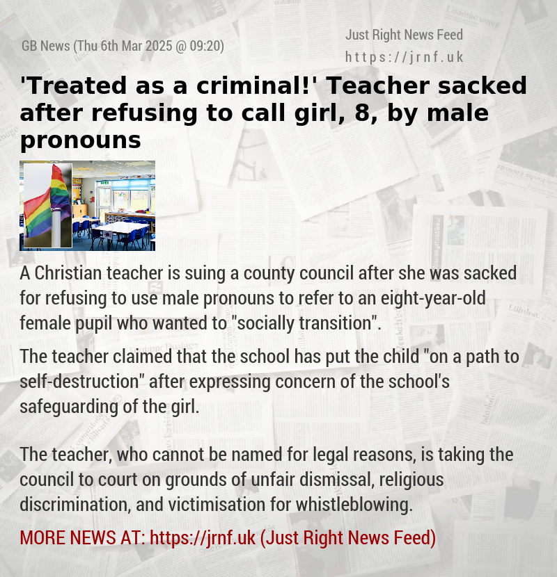 ’Treated as a criminal!’ Teacher sacked after refusing to call girl, 8, by male pronouns