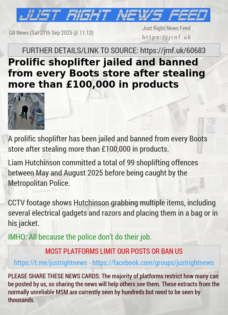 Prolific shoplifter jailed and banned from every Boots store after stealing more than &pound;100,000 in products