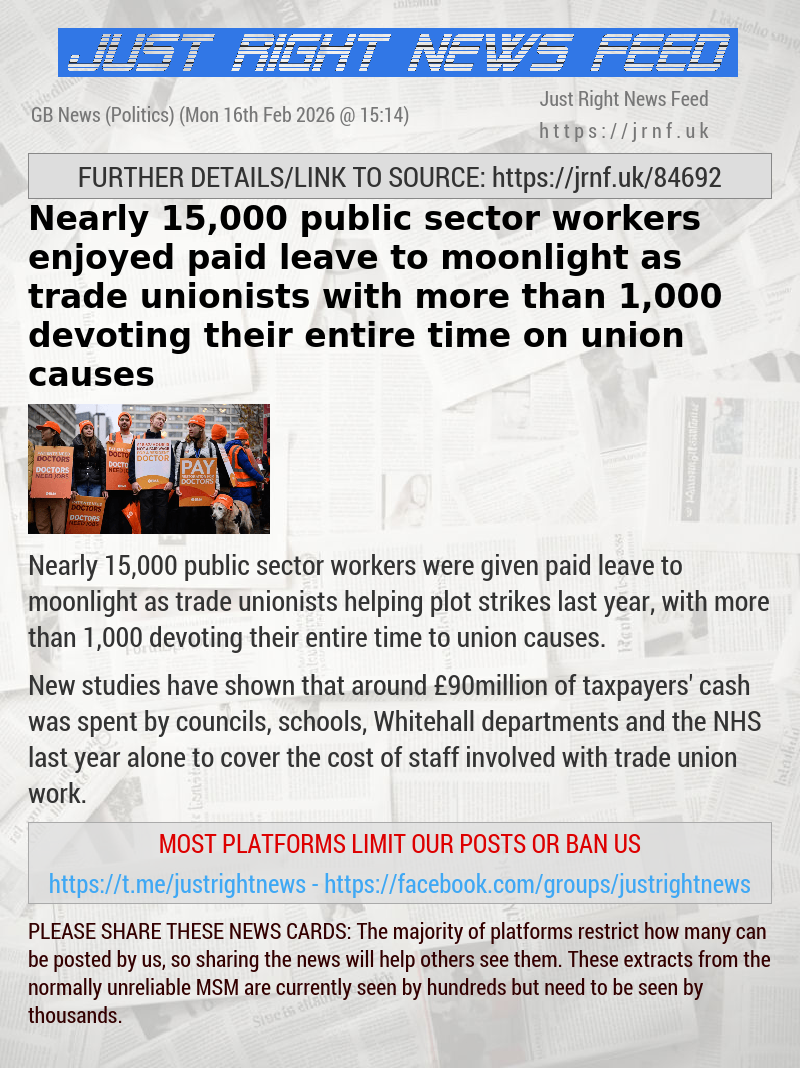 Nearly 15,000 public sector workers enjoyed paid leave to moonlight as trade unionists with more than 1,000 devoting their entire time on union causes