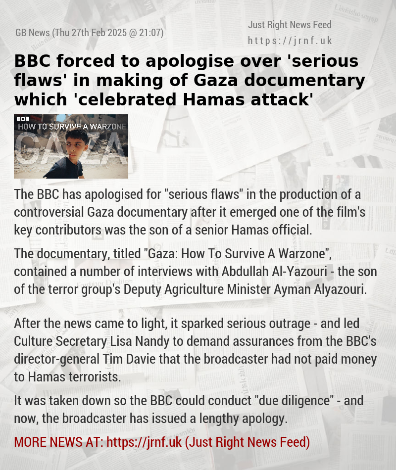 BBC forced to apologise over ’serious flaws’ in making of Gaza documentary which ’celebrated Hamas attack’