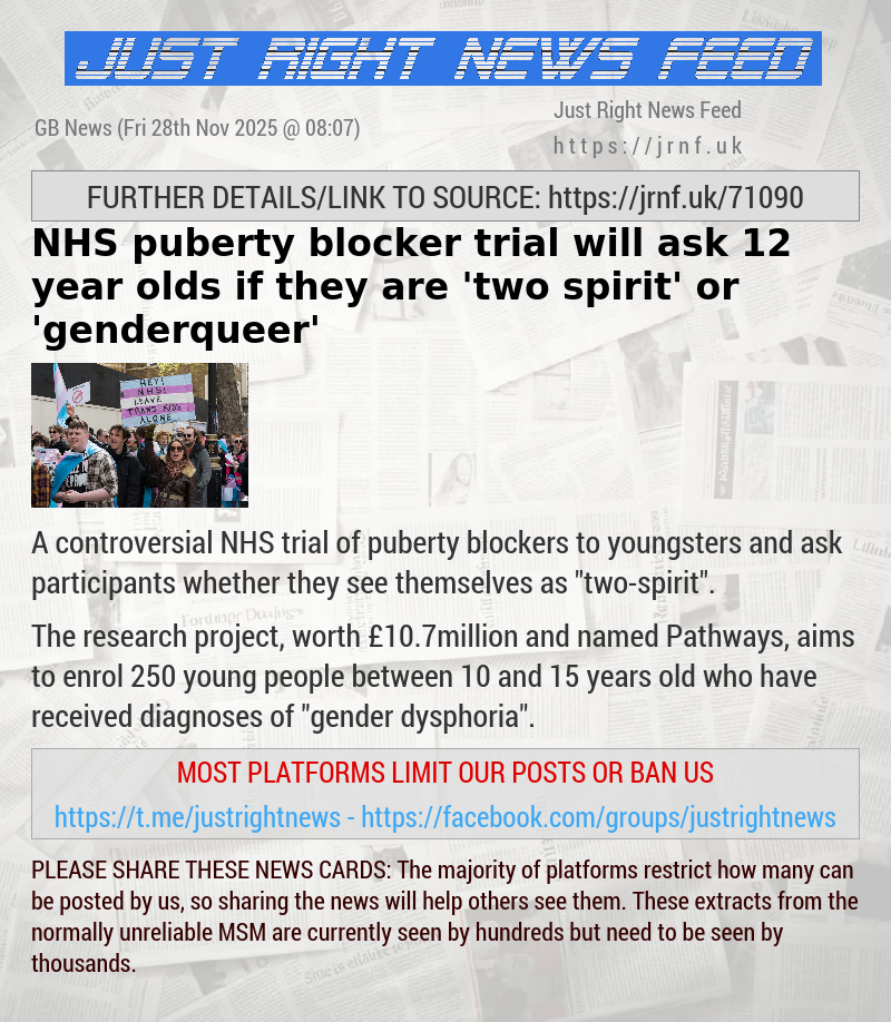 NHS puberty blocker trial will ask 12—year—olds if they are ’two—spirit’ or ’genderqueer’