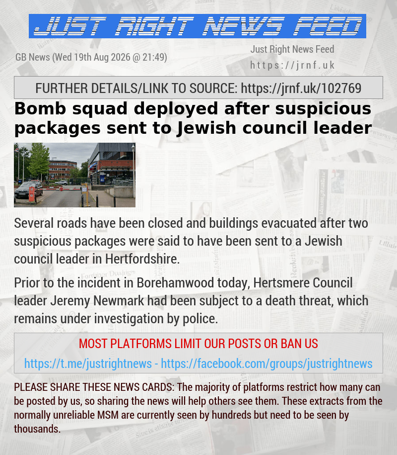 Bomb squad deployed after suspicious packages sent to Jewish council leader