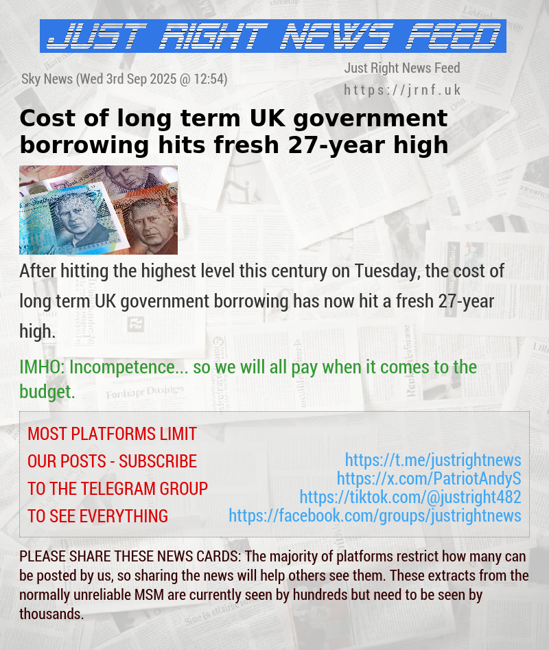 Cost of long term UK government borrowing hits fresh 27—year high
