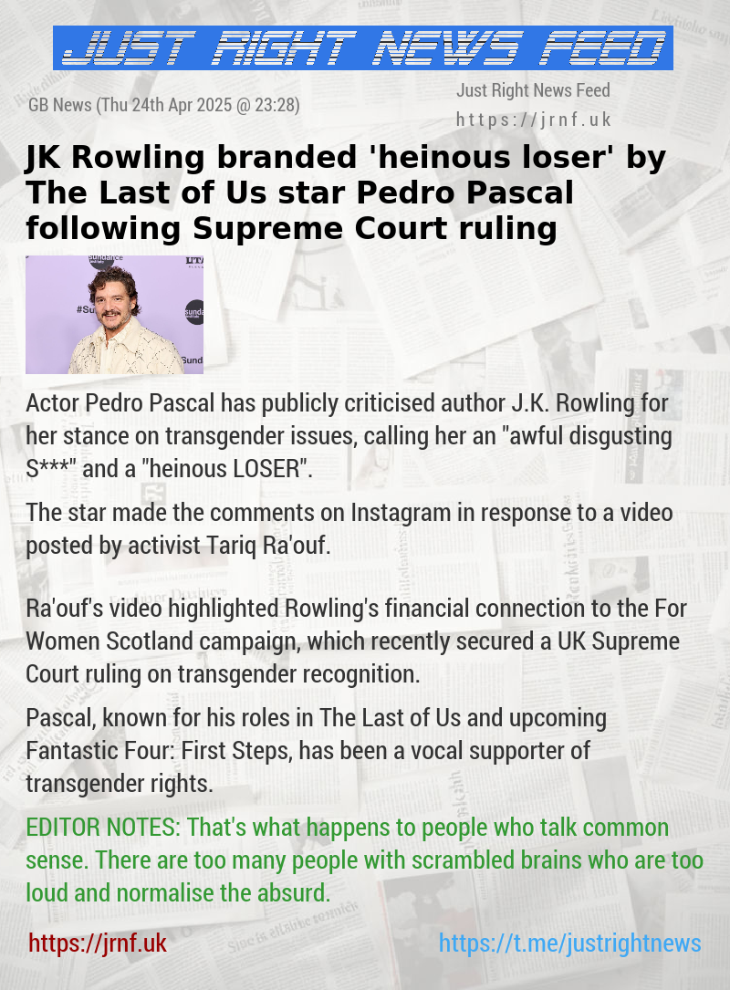 JK Rowling branded ’heinous loser’ by The Last of Us star Pedro Pascal following Supreme Court ruling