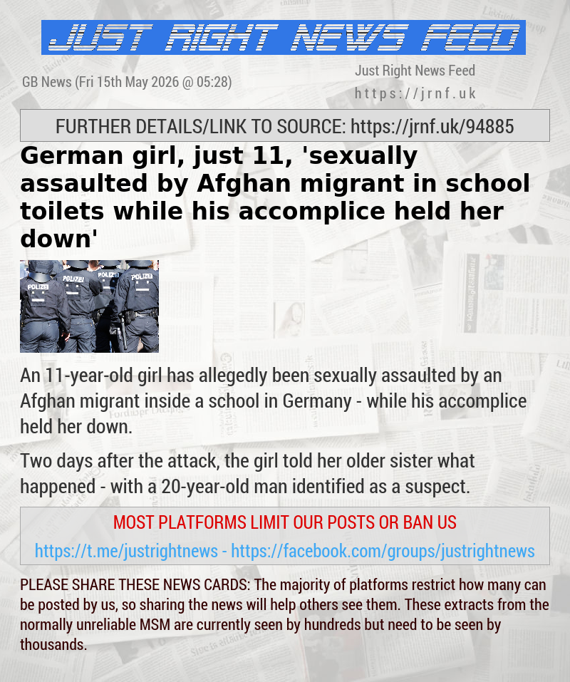 German girl, just 11, ’sexually assaulted by Afghan migrant in school toilets while his accomplice held her down’