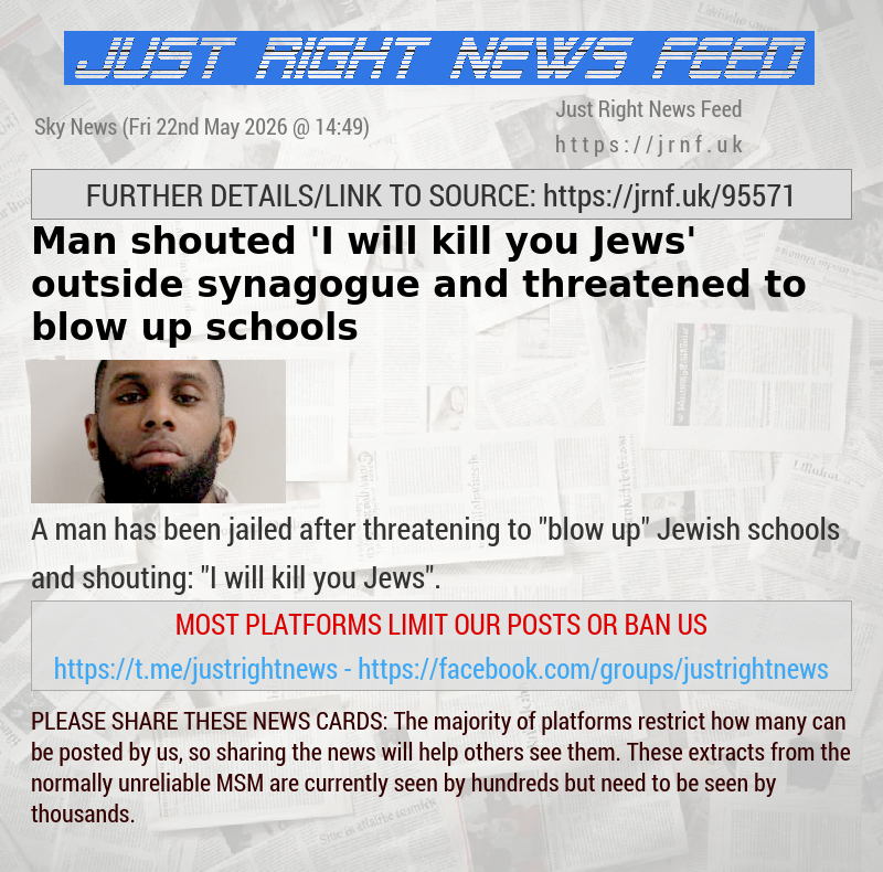 Man shouted ’I will kill you Jews’ outside synagogue and threatened to blow up schools