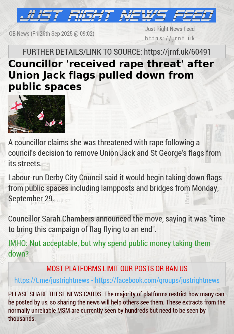 Councillor ’received rape threat’ after Union Jack flags pulled down from public spaces