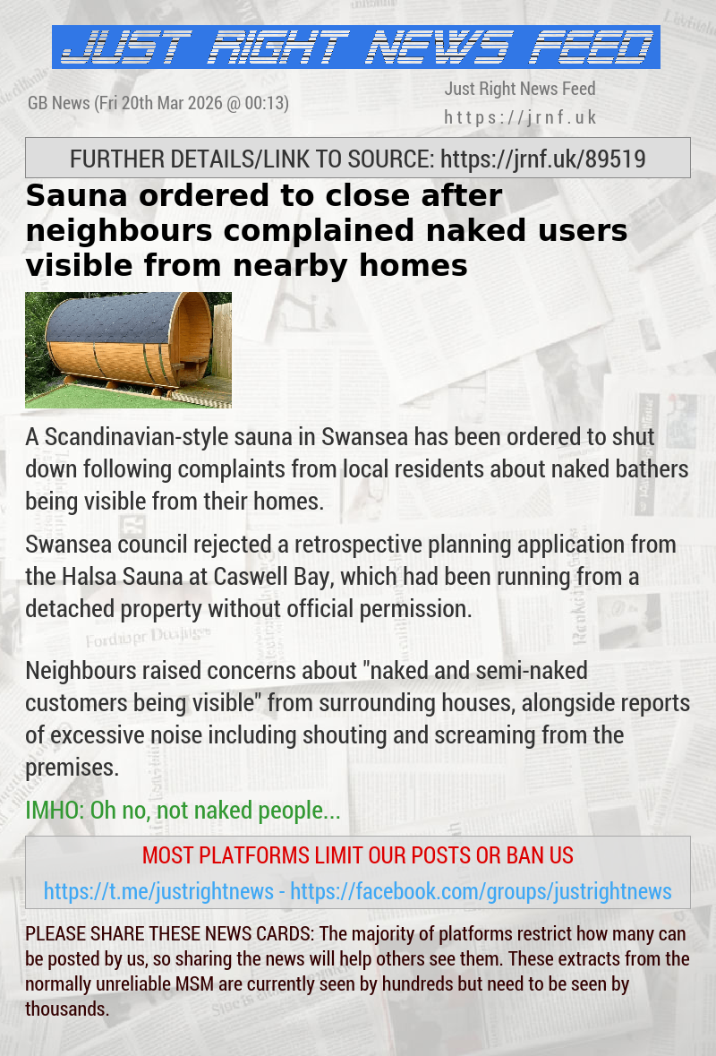 Sauna ordered to close after neighbours complained naked users visible from nearby homes