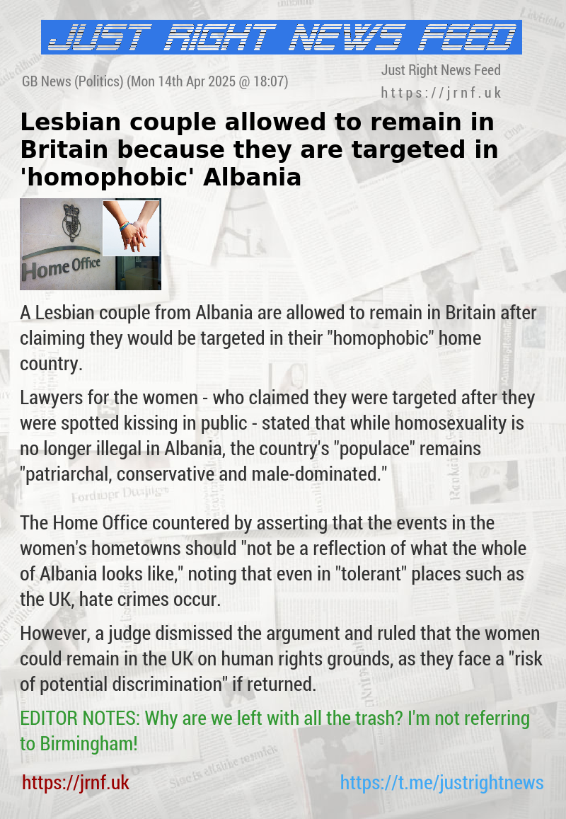 Lesbian couple allowed to remain in Britain because they are targeted in  ’homophobic’ Albania