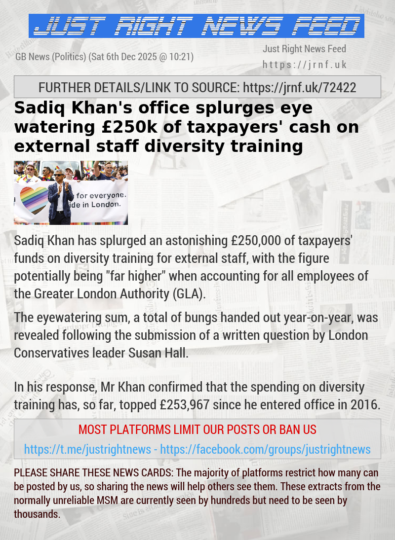 Sadiq Khan’s office splurges eye—watering &pound;250k of taxpayers’ cash on external staff diversity training