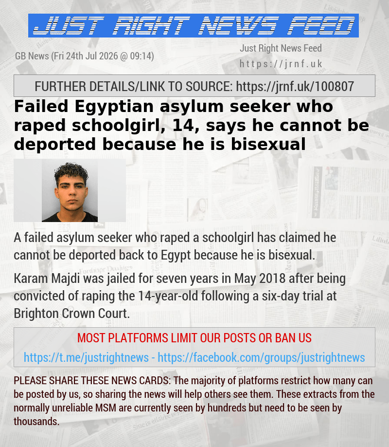 Failed Egyptian asylum seeker who raped schoolgirl, 14, says he cannot be deported because he is bisexual