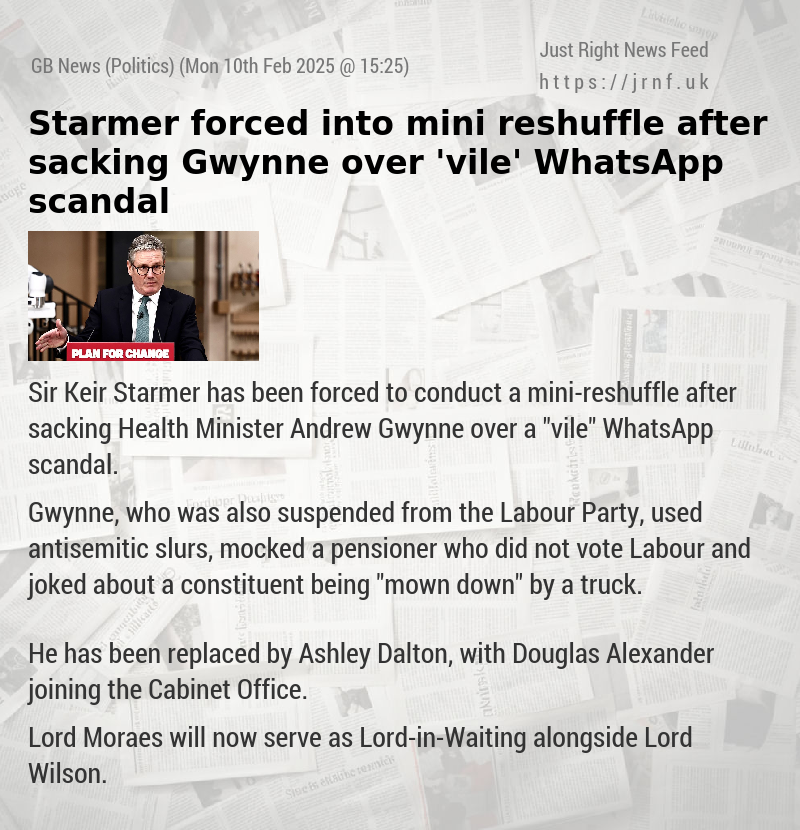 Starmer forced into mini—reshuffle after sacking Gwynne over ’vile’ WhatsApp scandal