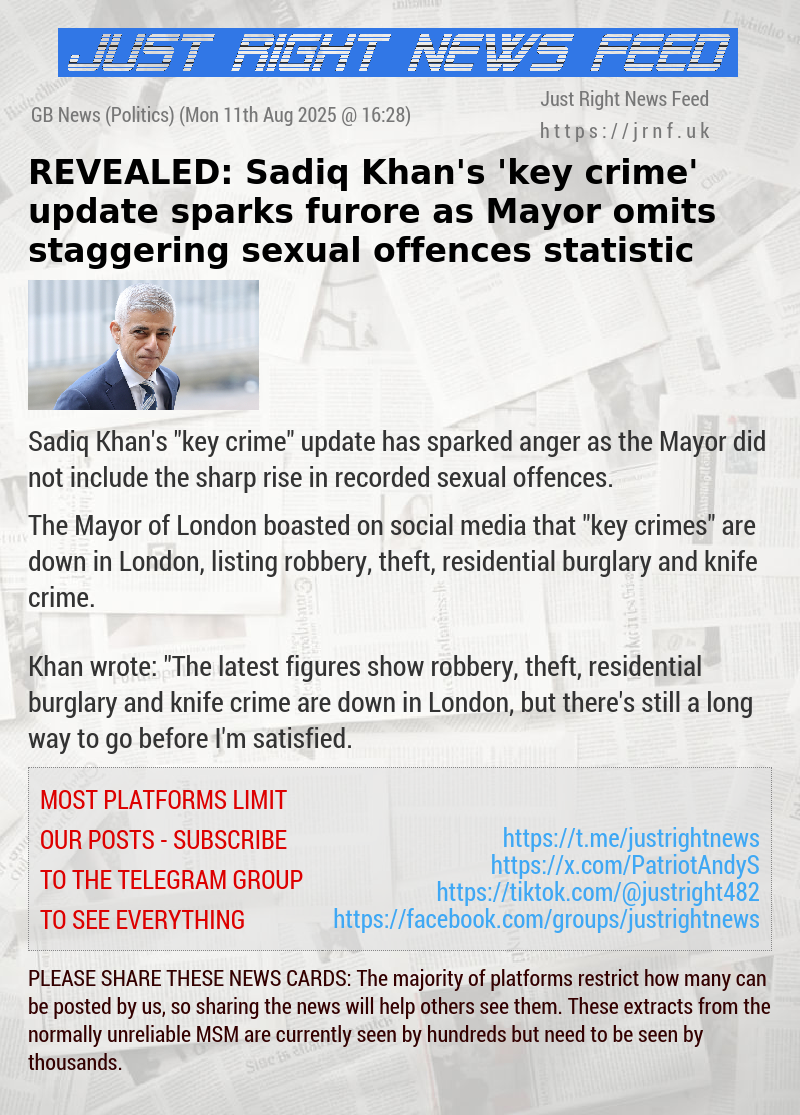 REVEALED: Sadiq Khan’s ’key crime’ update sparks furore as Mayor omits staggering sexual offences statistic