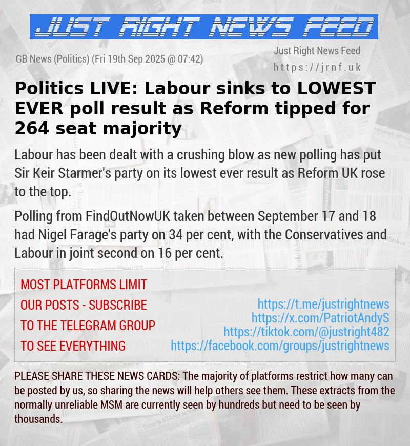 Politics LIVE: Labour sinks to LOWEST EVER poll result as Reform tipped for 264 seat majority