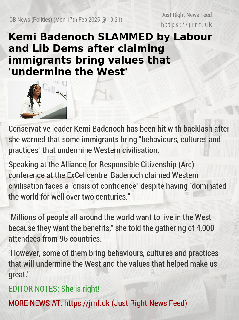 Kemi Badenoch SLAMMED by Labour and Lib Dems after claiming immigrants bring values that ’undermine the West’