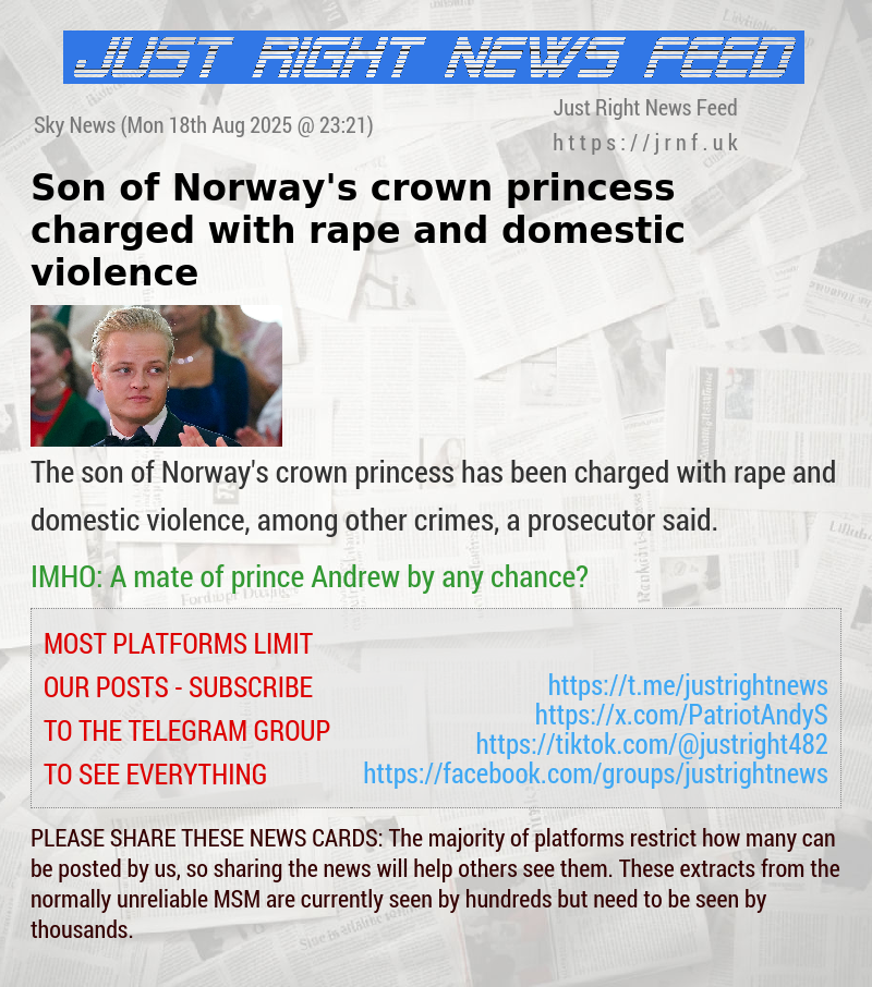 Son of Norway’s crown princess charged with rape and domestic violence