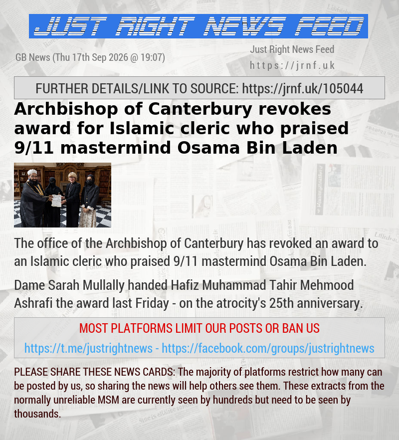 Archbishop of Canterbury revokes award for Islamic cleric who praised 9/11 mastermind Osama Bin Laden