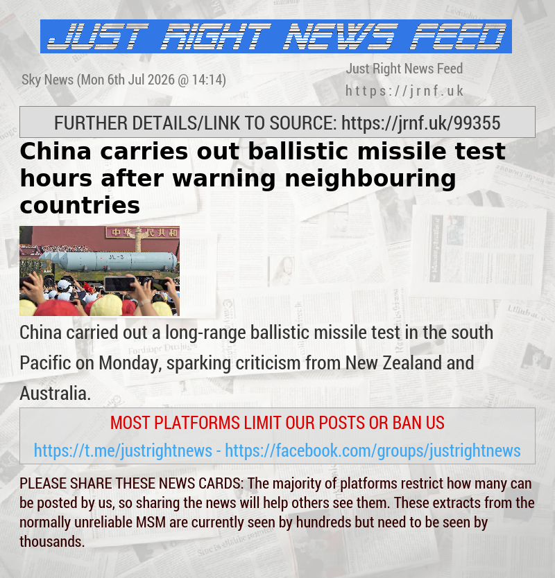 China carries out ballistic missile test hours after warning neighbouring countries