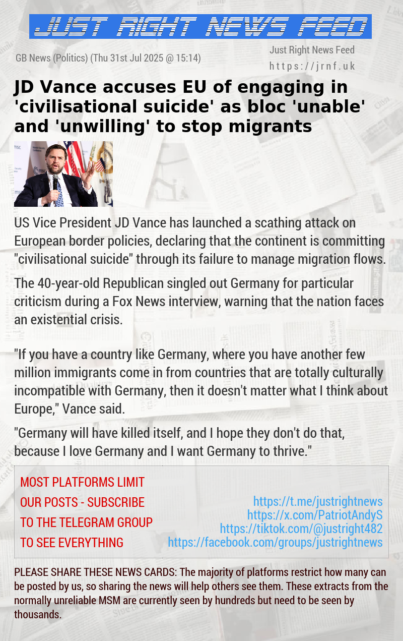 JD Vance accuses EU of engaging in ’civilisational suicide’ as bloc ’unable’ and ’unwilling’ to stop migrants