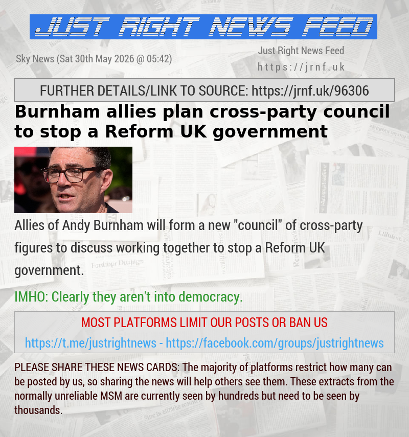 Burnham allies plan cross—party council to stop a Reform UK government