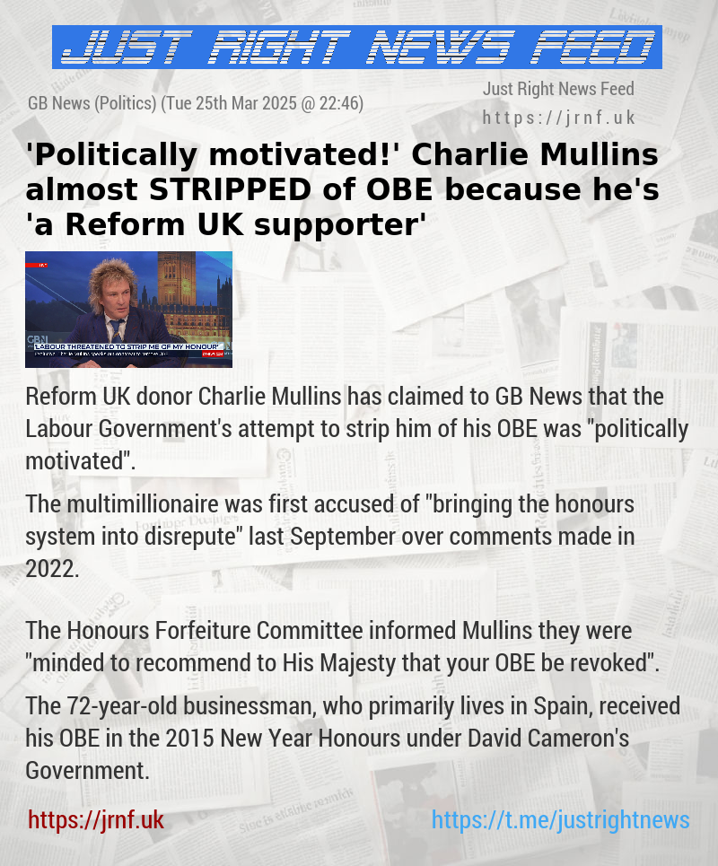 ’Politically motivated!’ Charlie Mullins almost STRIPPED of OBE because he’s ’a Reform UK supporter’