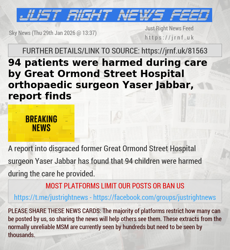 94 patients were harmed during care by Great Ormond Street Hospital orthopaedic surgeon Yaser Jabbar, report finds
