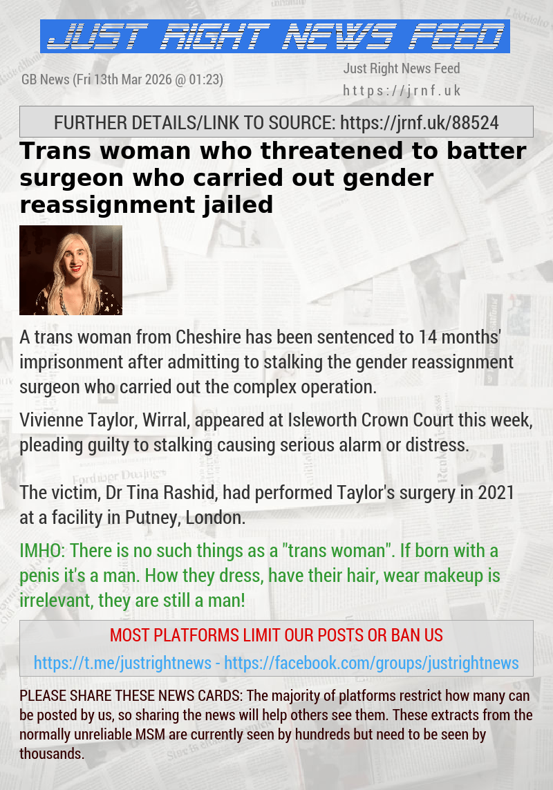 Trans woman who threatened to batter surgeon who carried out gender reassignment jailed