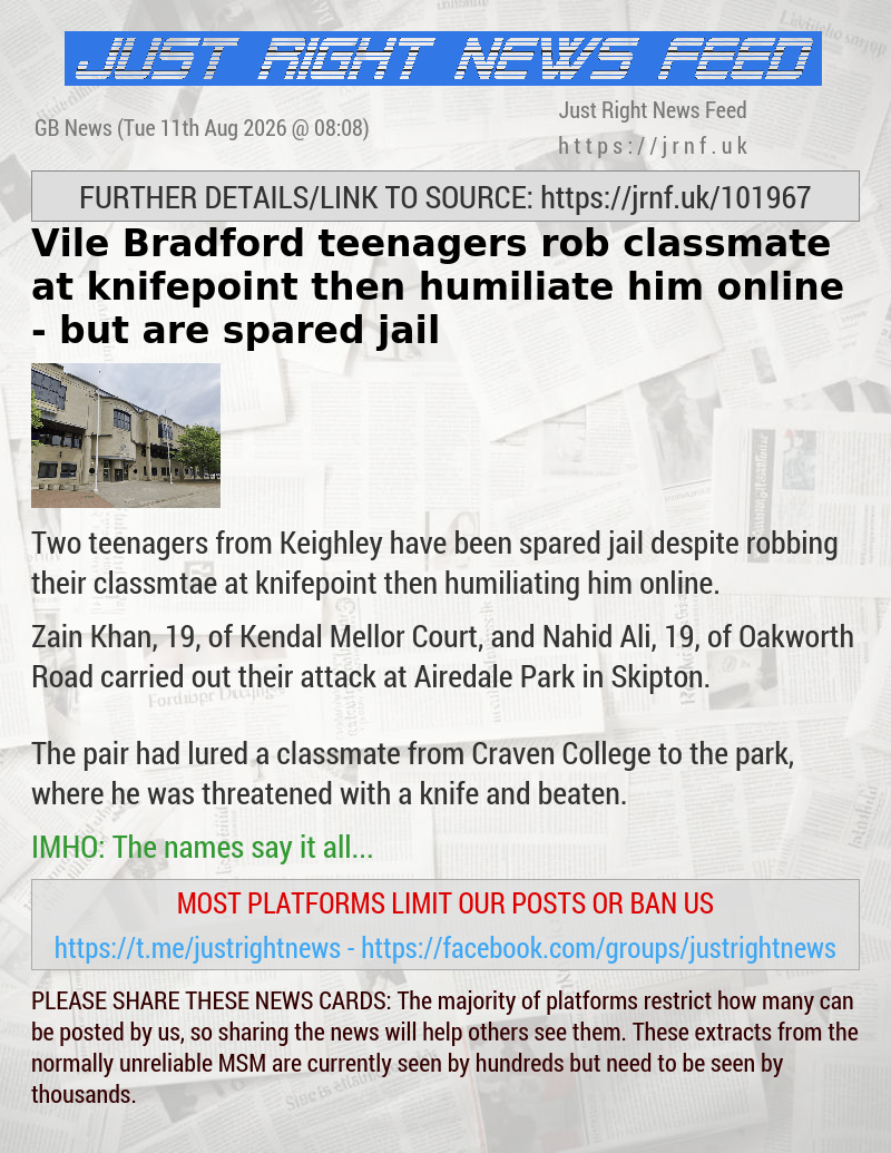 Vile Bradford teenagers rob classmate at knifepoint then humiliate him online — but are spared jail