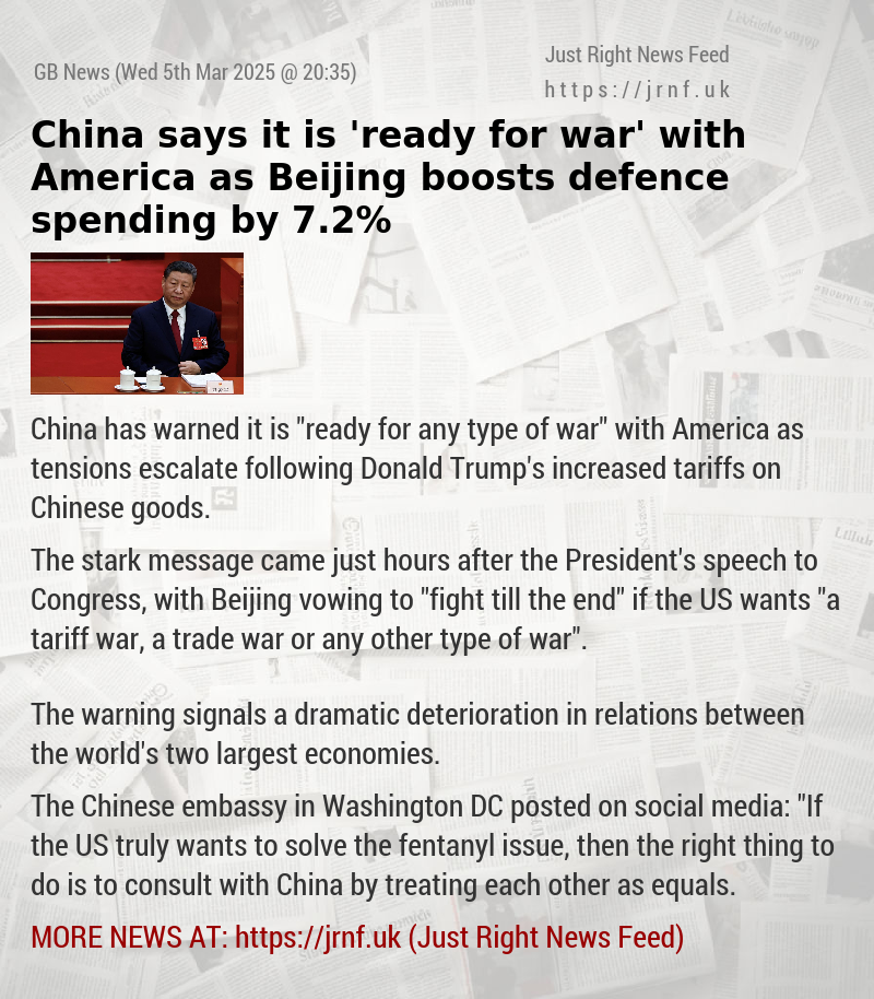 China says it is ’ready for war’ with America as Beijing boosts defence spending by 7.2%