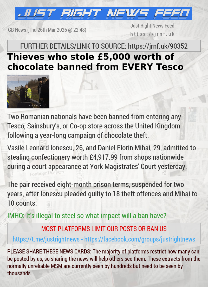 Thieves who stole &pound;5,000 worth of chocolate banned from EVERY Tesco