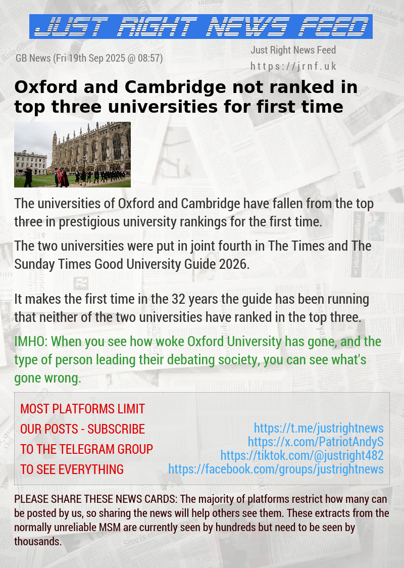 Oxford and Cambridge not ranked in top three universities for first time