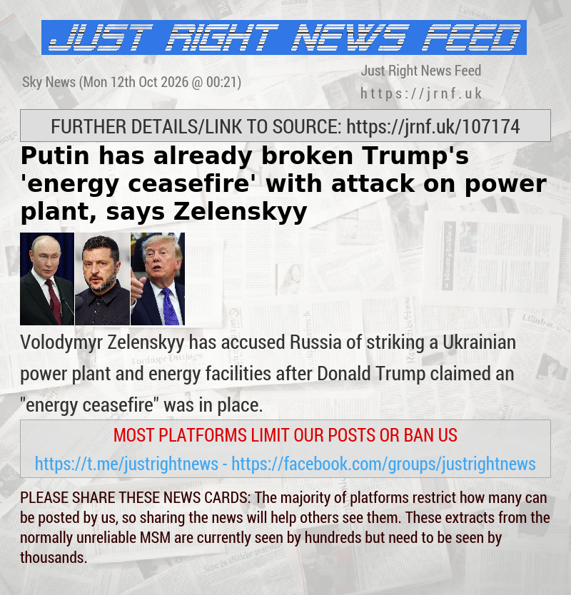 Putin has already broken Trump’s ’energy ceasefire’ with attack on power plant, says Zelenskyy