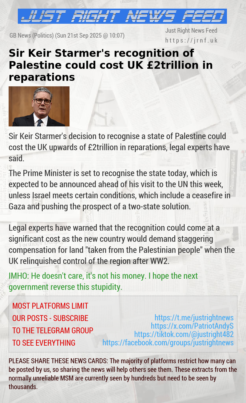 Sir Keir Starmer’s recognition of Palestine could cost UK &pound;2trillion in reparations