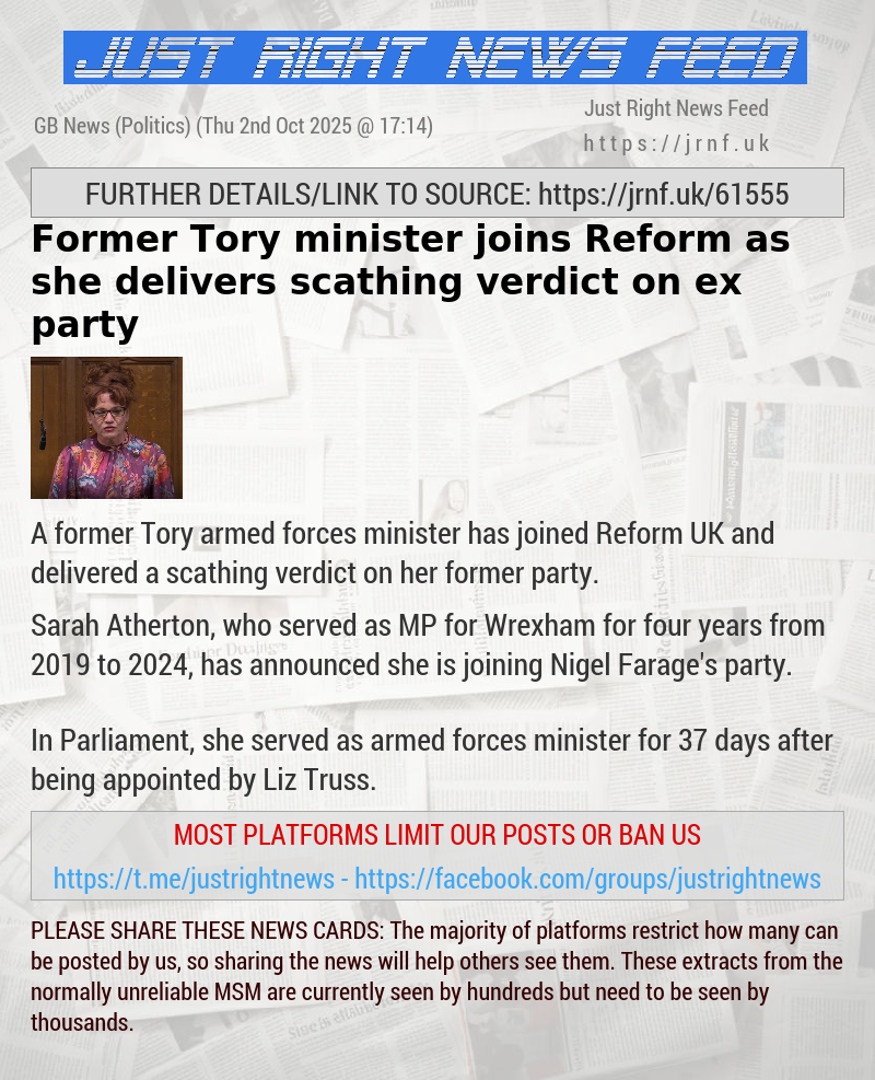 Former Tory minister joins Reform as she delivers scathing verdict on ex—party