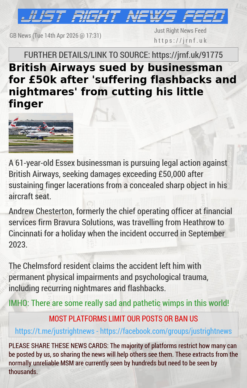 British Airways sued by businessman for &pound;50k after ’suffering flashbacks and nightmares’ from cutting his little finger