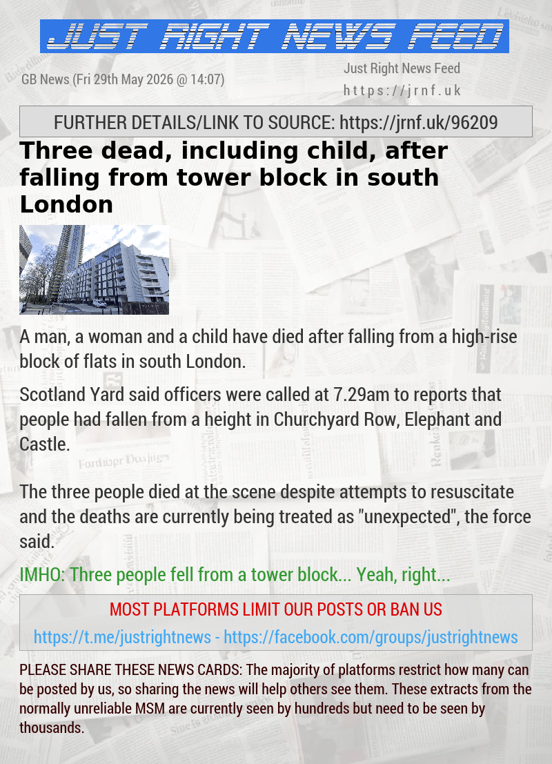 Three dead, including child, after falling from tower block in south London