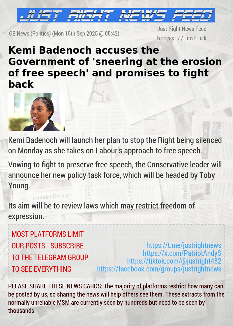 Kemi Badenoch accuses the Government of ’sneering at the erosion of free speech’ and promises to fight back