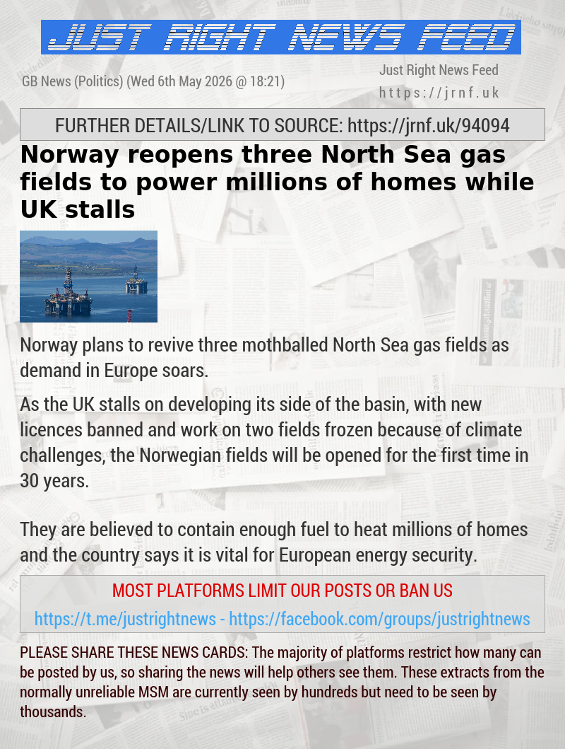 Norway reopens three North Sea gas fields to power millions of homes while UK stalls