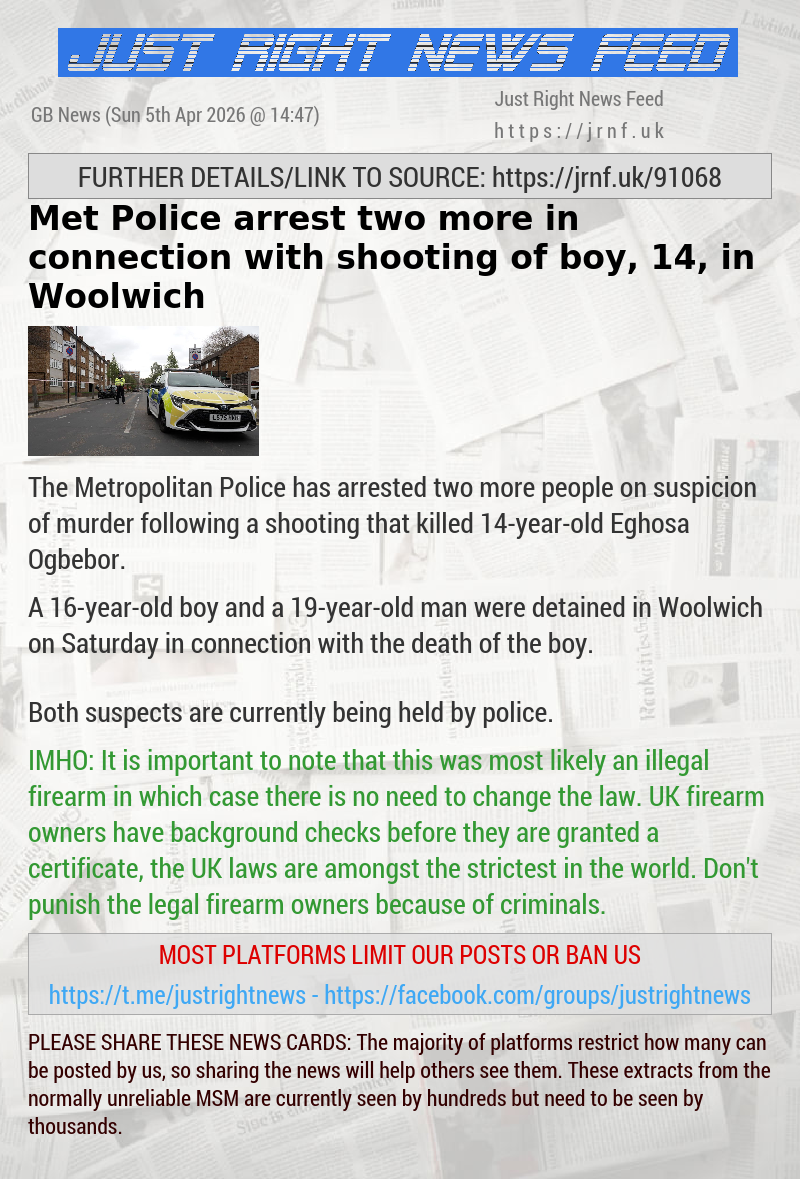 Met Police arrest two more in connection with shooting of boy, 14, in Woolwich