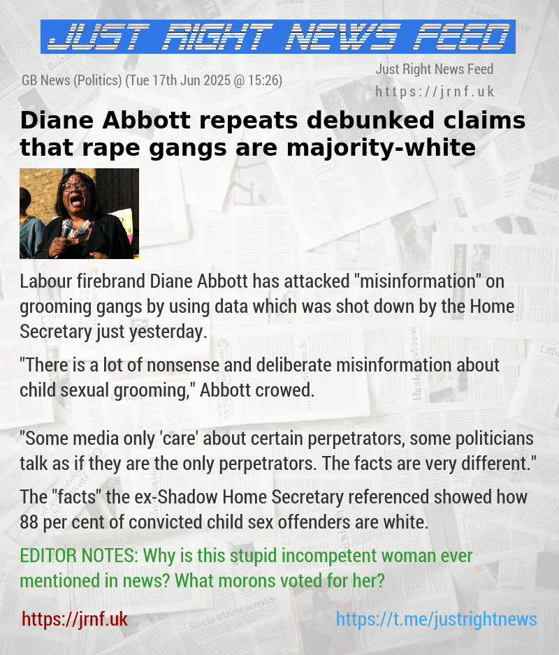 Diane Abbott repeats debunked claims that rape gangs are majority—white