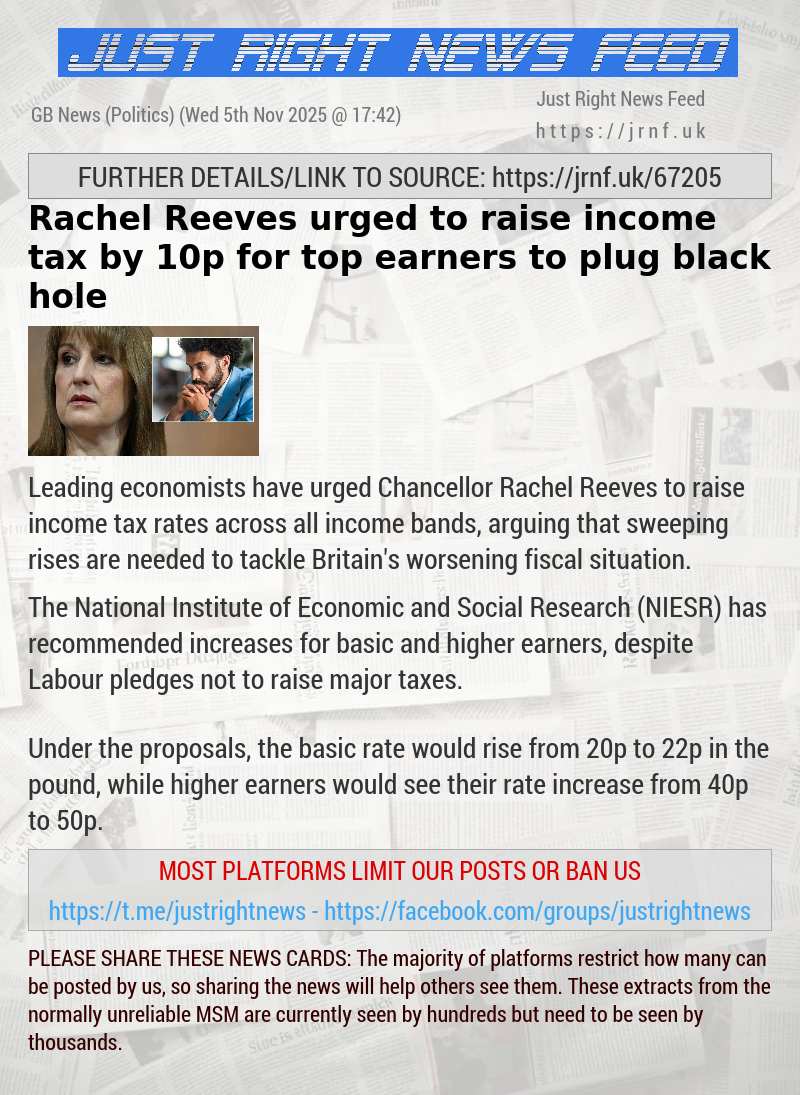 Rachel Reeves urged to raise income tax by 10p for top earners to plug black hole