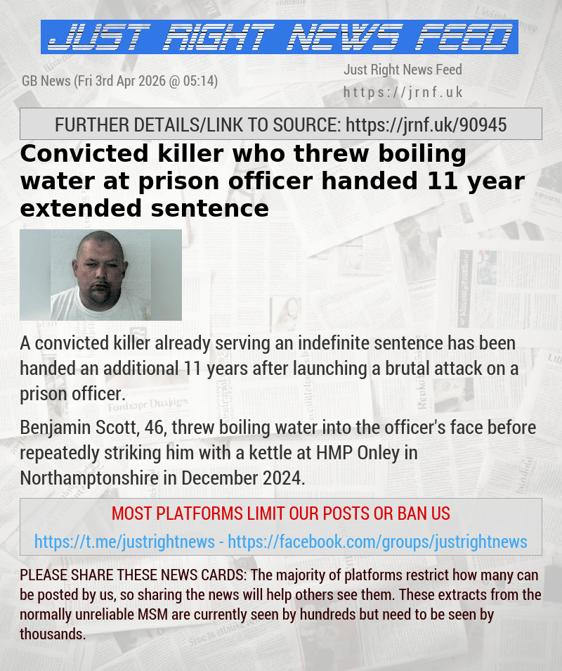 Convicted killer who threw boiling water at prison officer handed 11—year extended sentence