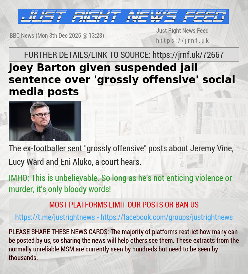 Joey Barton given suspended jail sentence over ’grossly offensive’ social media posts