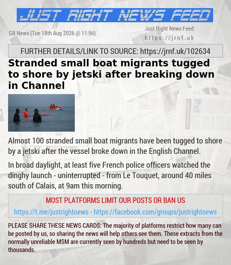 Stranded small boat migrants tugged to shore by jetski after breaking down in Channel